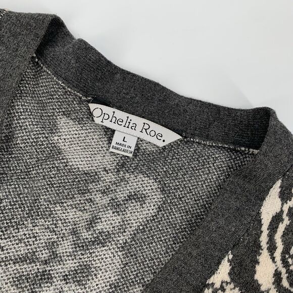 Ophelia Roe Knit V-Neck Paisley Print Button Front Cardigan Sweater Large Gray L - Picture 3 of 6